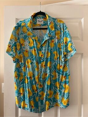 Men’s Turquoise Short-Sleeve Button-Down Shirt with Yellow Duck Print